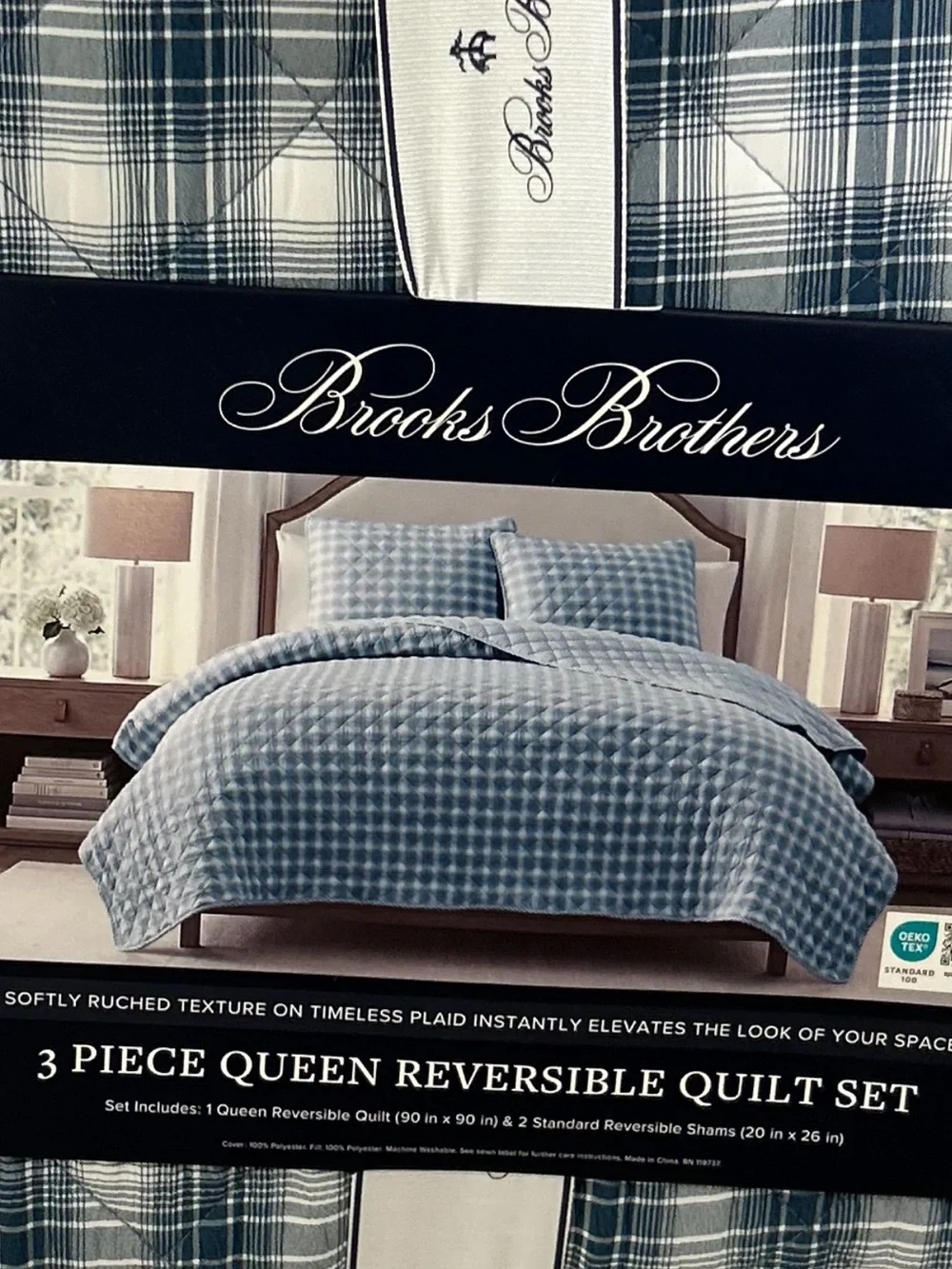 Brooks Brothers Plaid Blue and White Reversible Queen Quilt Set 90”x90”